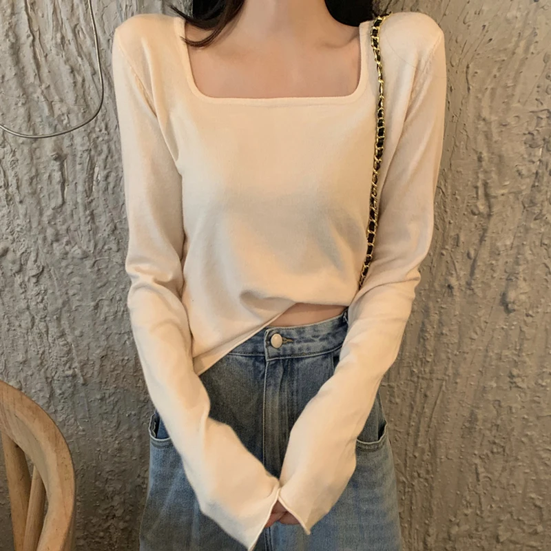 

Женский тонкий свитер с квадратным вырезом, пуловер с длинным рукавом, однотонный Универсальный свитер, женское нижнее белье в стиле ретро, ...