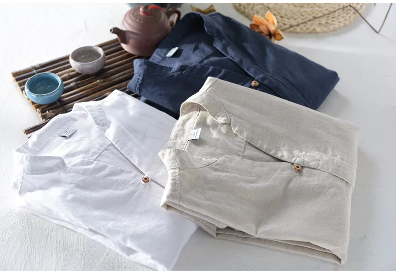 

men's v-neck long sleeve white kahki dark blue summer casual pure linen shirt for men design shirts male