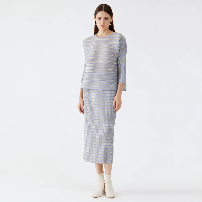 Changpleat  WOMEN Sets Miyak Pleated Fashion High Street stripe Loose Three Quarter Pullover and Skirts Two-piece sets