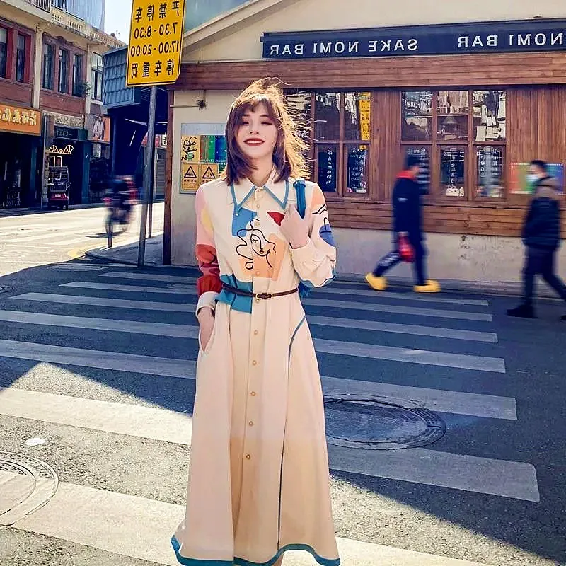 

Женское весеннее платье с ремнем, с принтом, с длинным рукавом, стильные платья SY116