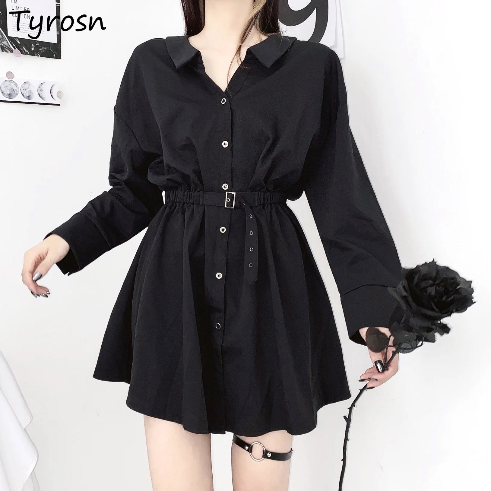 

Long Sleeve Dress Women Black Goth Chic Girls Mini Dresses Turn-down Collar Loose A-line High Street Slim Elegant Fashion Simple