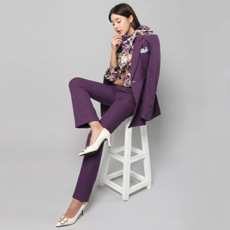 Elegant Double-breasted Purple Women Pant Suit Slim Blazer Set Female Workwear Trouser 2020 Autumn sweatsuit | Женская одежда