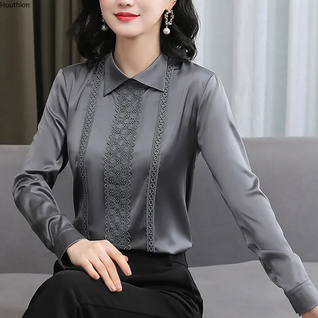 

Autumn New Women's Blouses Polo Shirt Long Sleeve Top Stitching Blouse Solid Color Satin Hedging Casual Fashion Lady Loose