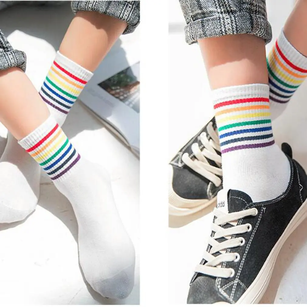 

Fashionable Autumn Winter Rainbow Stripe Women Full Cotton Skateboard Middle Sock Comfortable Keep Warm Socks
