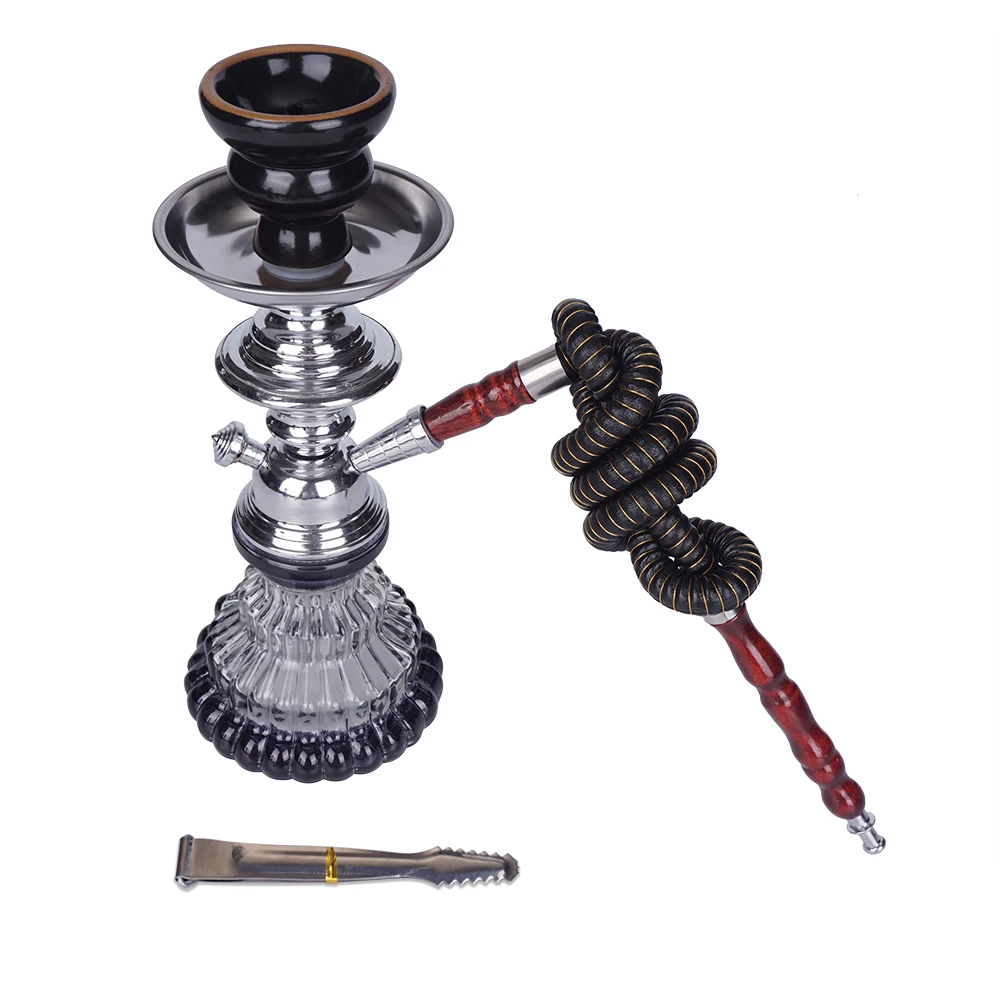 

Portable Black Shisha Pipe Glass Base Hookah set with Ceramic Bowl Synthetic Leather Hose Metal Charcoal Tongs Chicha Narguile