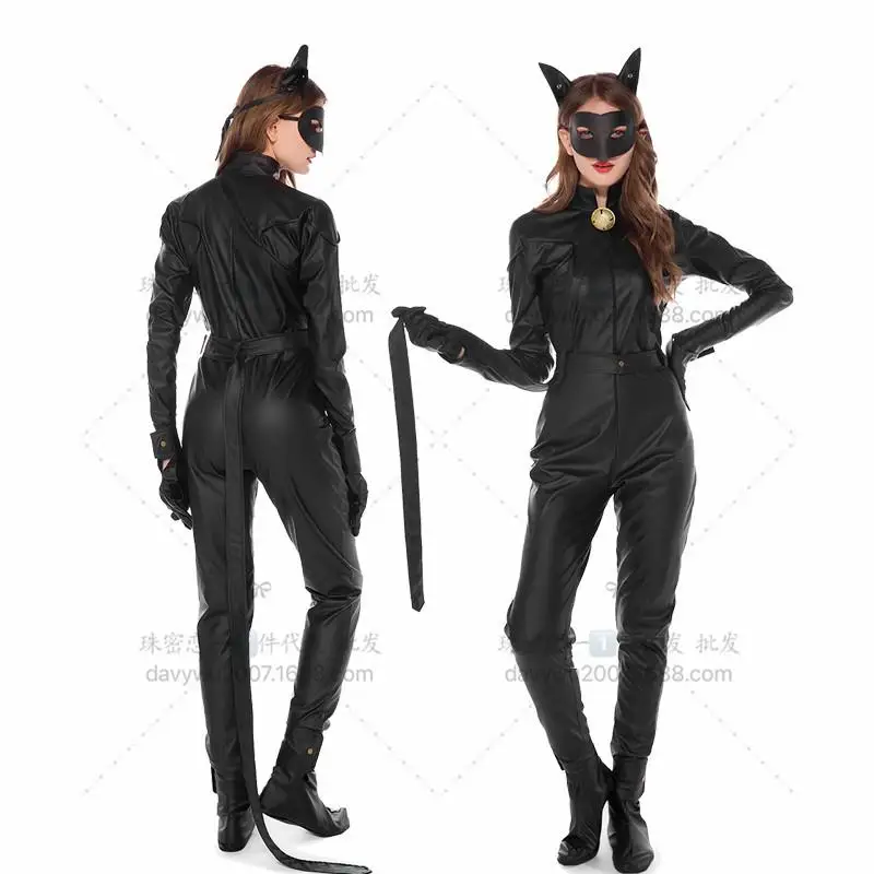 

Cat Woman Cat Man Cosplay Costume Black Artificial Leather Jumpsuit Bell Anime Cat Cos Carnival Halloween Cosplay Costume