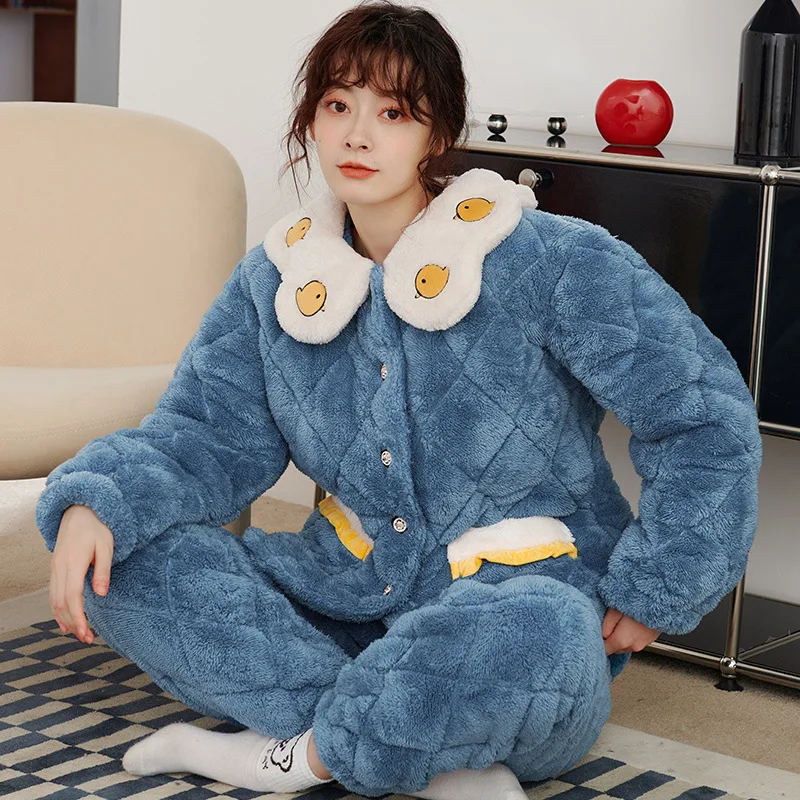 Women Autumn Winter New Flannel Three Layers Cotton Pajamas Set Thick Warm Coral Velvet Sleepwear Loose Casual Suit Loungewear