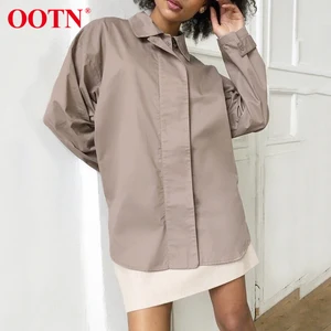 Женская офисная блузка с длинным рукавом OOTN, повседневная Однотонная рубашка цвета хаки с отложным воротником, весна 2021