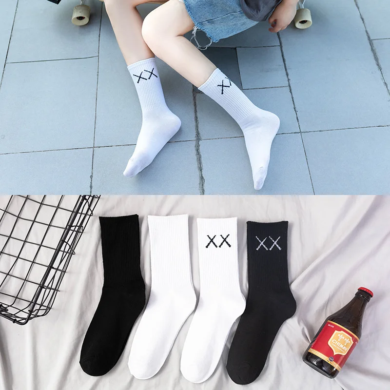 Autumn and winter white socks men's medium tube solid color socks ins couple fashion socks XX Xiha Street long tube fashion