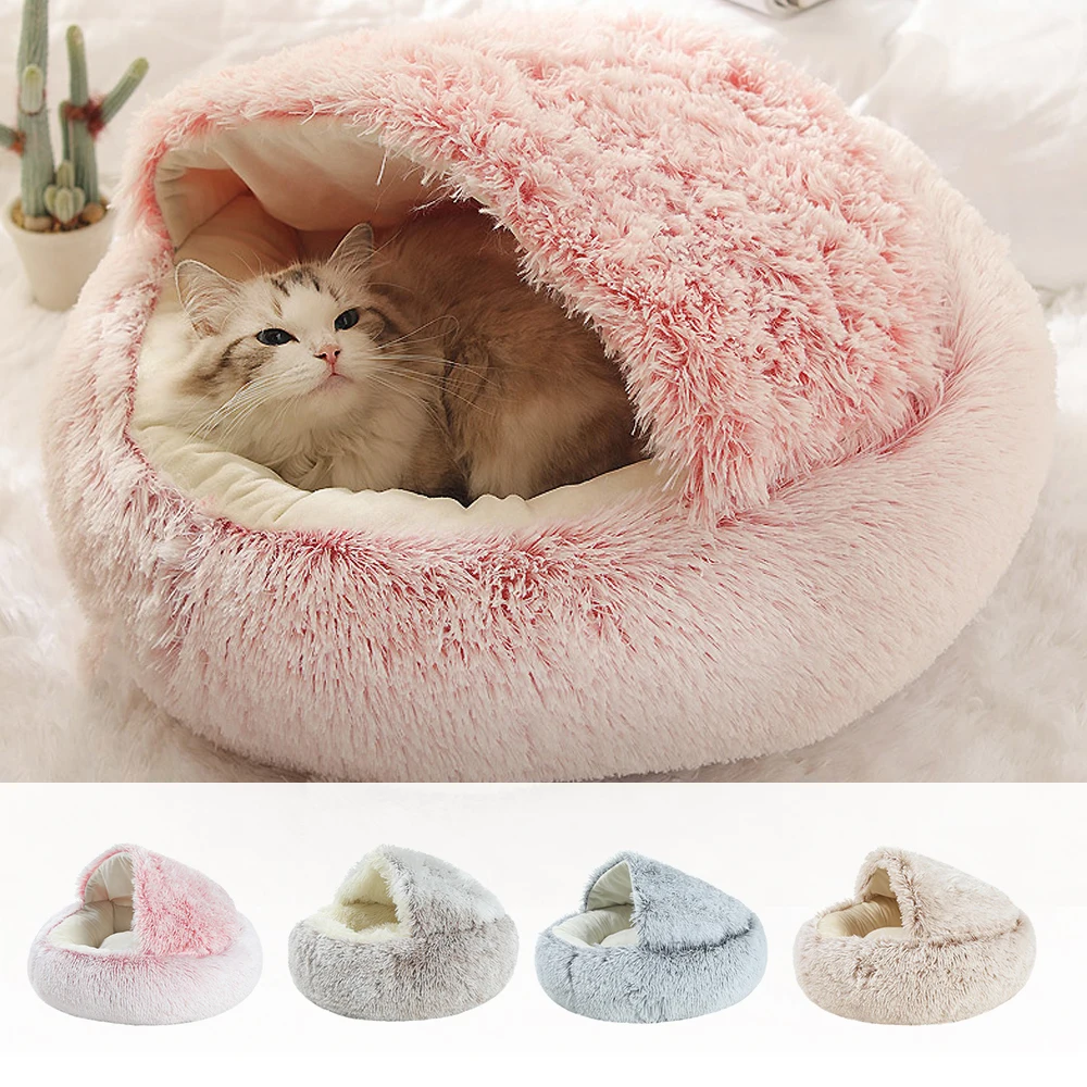 

New Style Pet Dog Cat Bed Round Plush Cat Warm Bed House Soft Long Plush Bed For Small Dogs For Cats Nest 2 In 1 Cat Bed