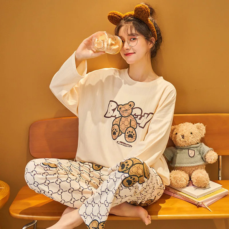 

SURE YOU LIKE Autumn Cotton Cartoon Cuter Women Pajymas 2pcs Sets Long Slevee Pajamas Pants Set Casual Home Sleepwear For Women