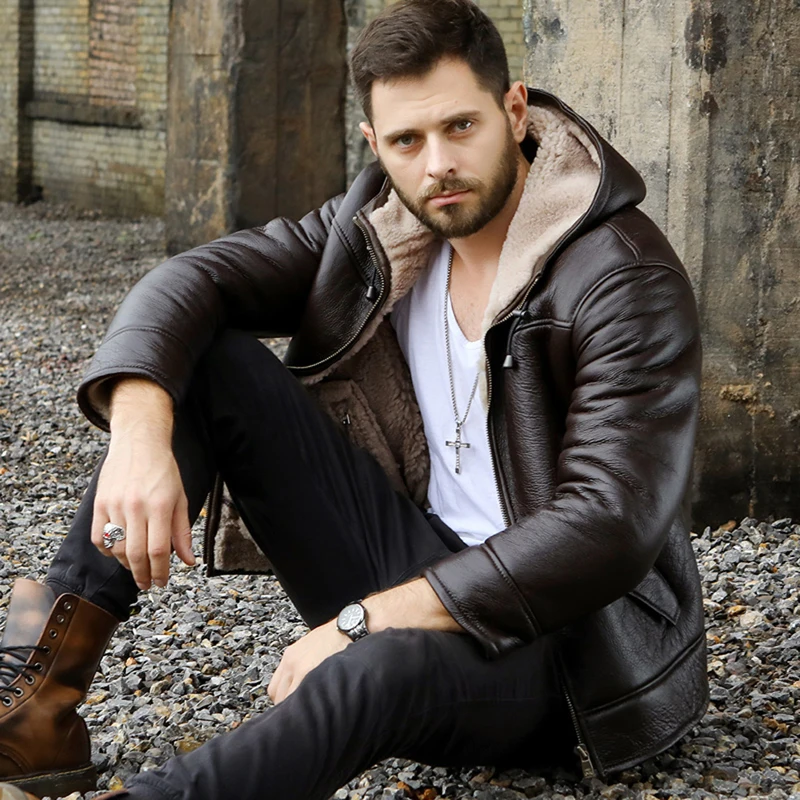 Новая мужская дубленка B3 короткая мотоциклетная куртка с капюшоном утепленная