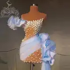 Уникальное коктейльное платье из тюля с небесно-голубым жемчугом и цветами, роскошное короткое платье с бисером для выпускного вечера и вечеринки со шлейфом, коктейльные платья