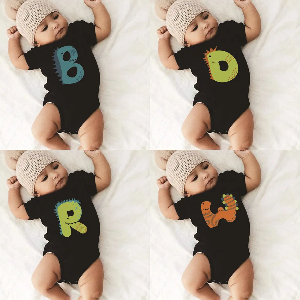 

Dino Letter Aphabet Funny Print New Born Baby Bodysuits Summer Short Sleeve New Baby Gifts Boys Girls Jumpsuits Drop Ship