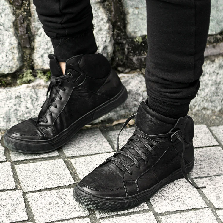 Мужские черные высокие кожаные ботинки повседневные спортивные кроссовки