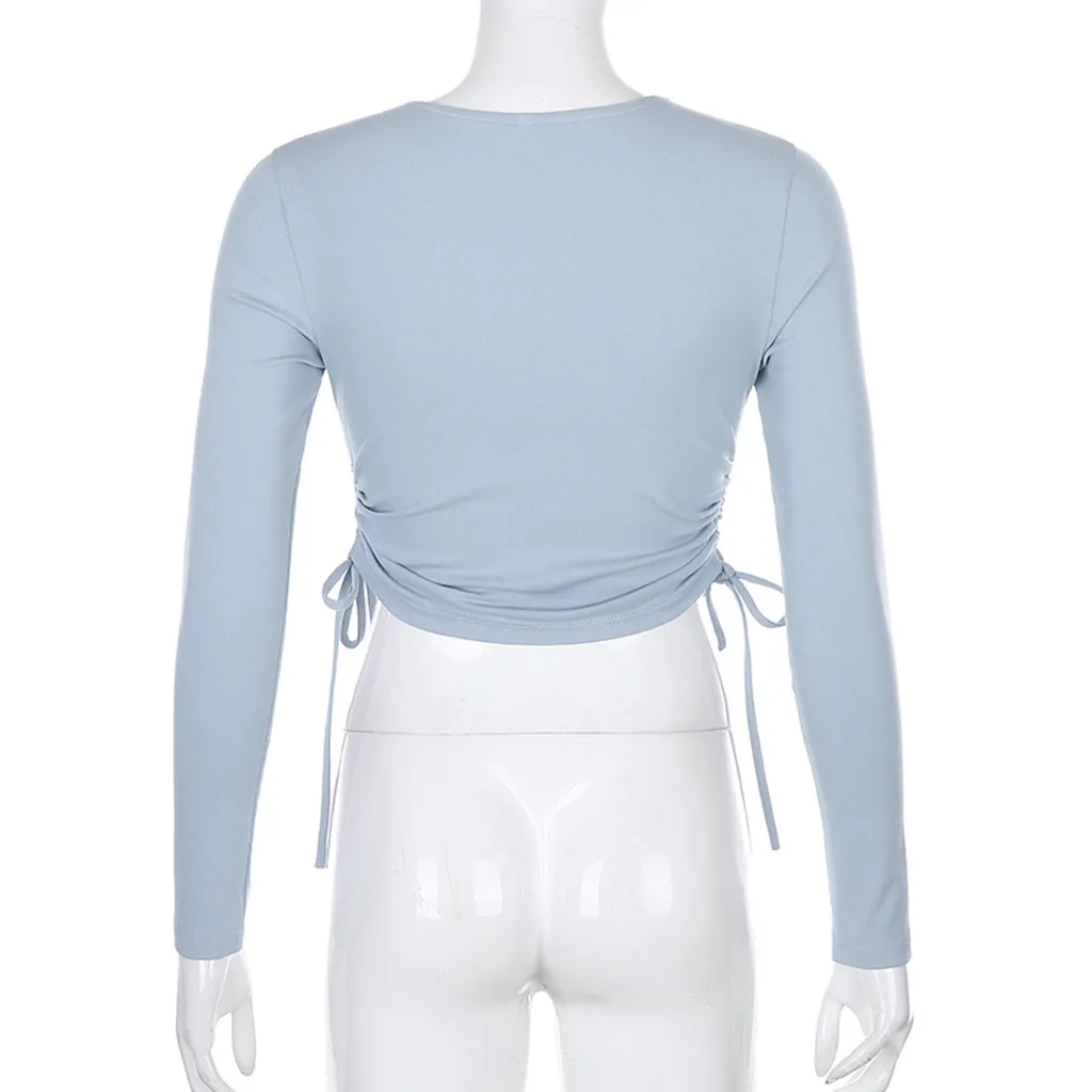 

Womens Fashion Irregular Slim Side Drawstring Long Sleeve T-Shirt Short Top