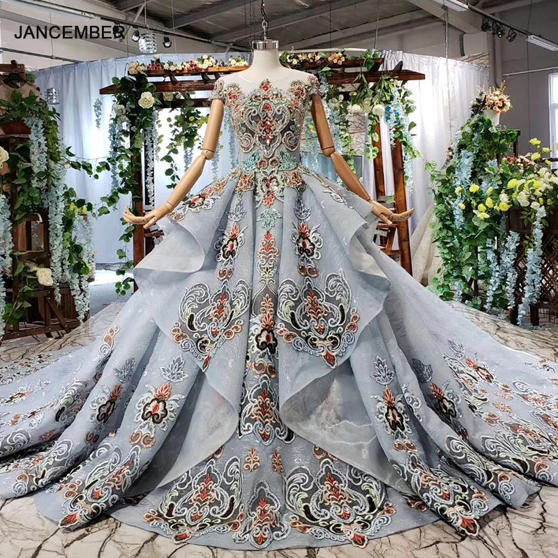 Длинное вечернее платье HTL551 с цветными бусинами для особых случаев серое