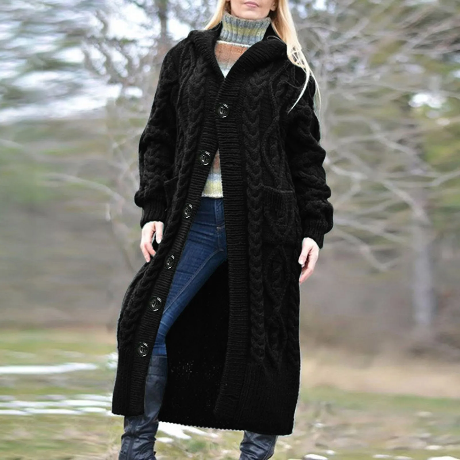 

Зимний женский длинный свитер, кардиган, куртка, однотонный Свободный вязаный свитер с длинным рукавом и карманами, верхняя одежда #40