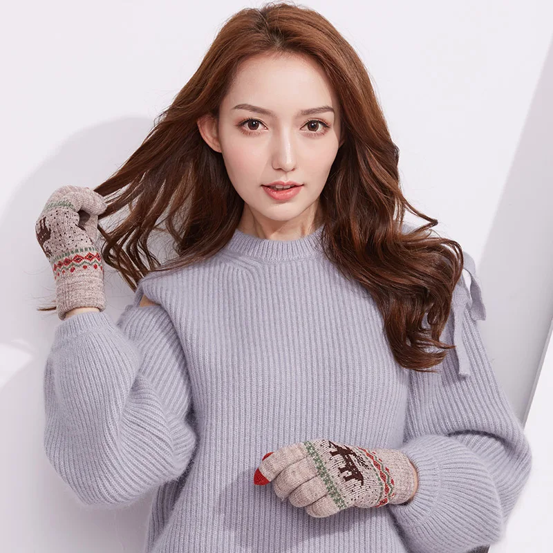 

Winter Women'S Outdoor Gloves Knitted Touch Screen FullFinger Ladies Warm and Velvet Thickened Rider Gloves
