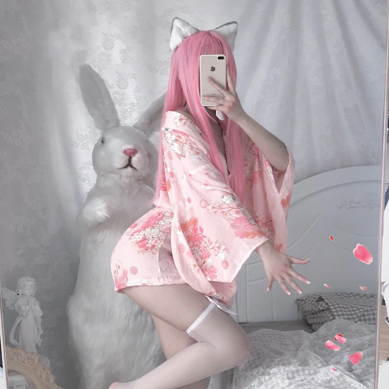 

Japanese Kimono Bathrobe Sexy Pajamas Underwear Uniform Temptation Female Sleepwear Silk Robes for Women Kimono Satin Robe