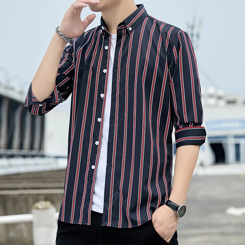 

RTS Fashion Plus Size 5XL Men Slim Fit Casual Vertical Striped Button Down Long Sleeve Shirt