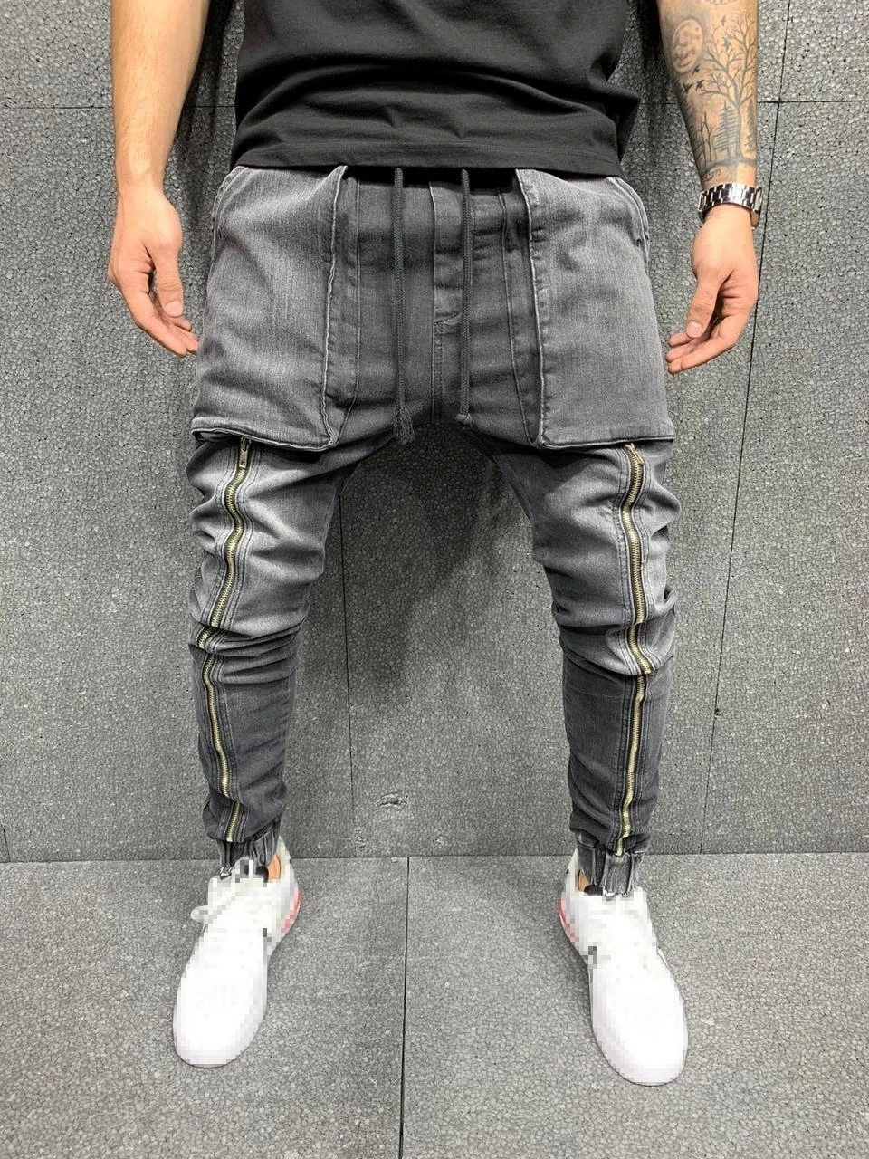Men Gray Skinny Jeans Fashion Slim Drawstring Mid Waist Hip Hop Jeans Man Causal Big Pocket Sport Denim Pencil Pants Streetwear
