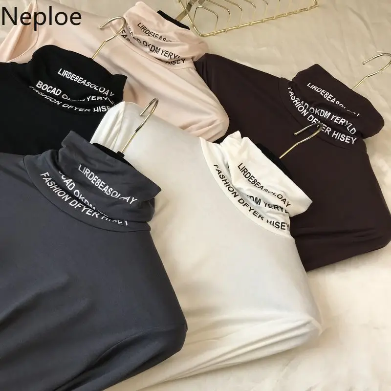 Пуловер с Neploe подошвой, женская футболка, облегающая, с буквенным принтом, короткий, длинный рукав, водолазка, тонкая, одноцветная, Poleras Mujer De Moda 46561