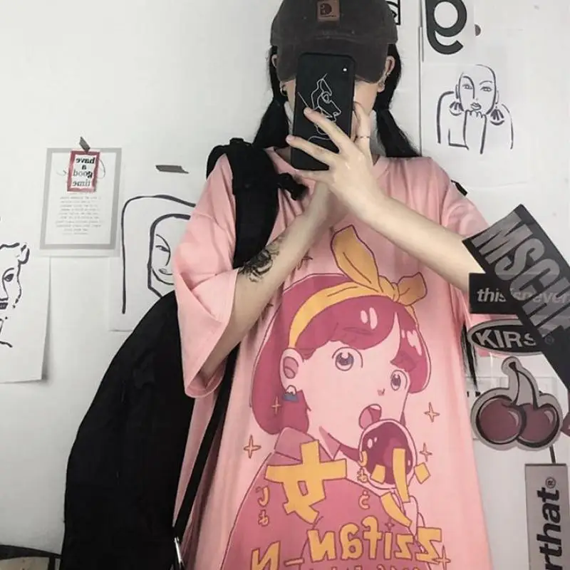 

Summer Women T Shirt Plus Size 2XL Cotton Cute Cartoon Girl Print Female Short Sleeve Oversized Tshirts Casual Graphic Tee Tops