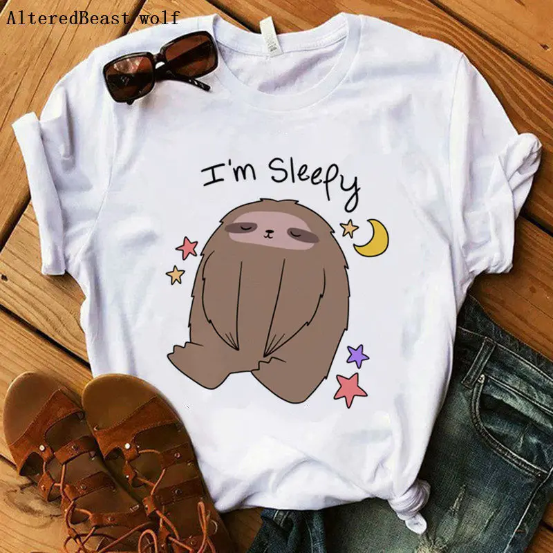 

I'm sleepy Sloth tshirt Women T-shirt print casual cute sloth t shirt harajuku plus size shirt female white Tops cartoon clothes