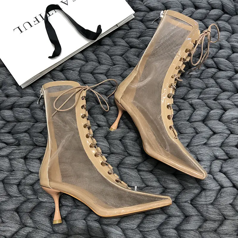 

Roman Sandals Women 's 2021 Spring and Summer New Breathable Mesh Ankle Boots Stiletto Sexy All -Matching Hollow High Heels