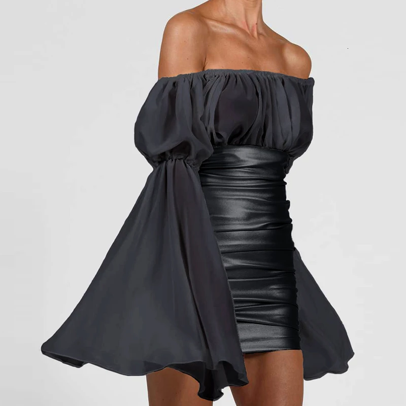 Fuedage осеннее лоскутное шифоновое пикантное платье из искусственной кожи женские