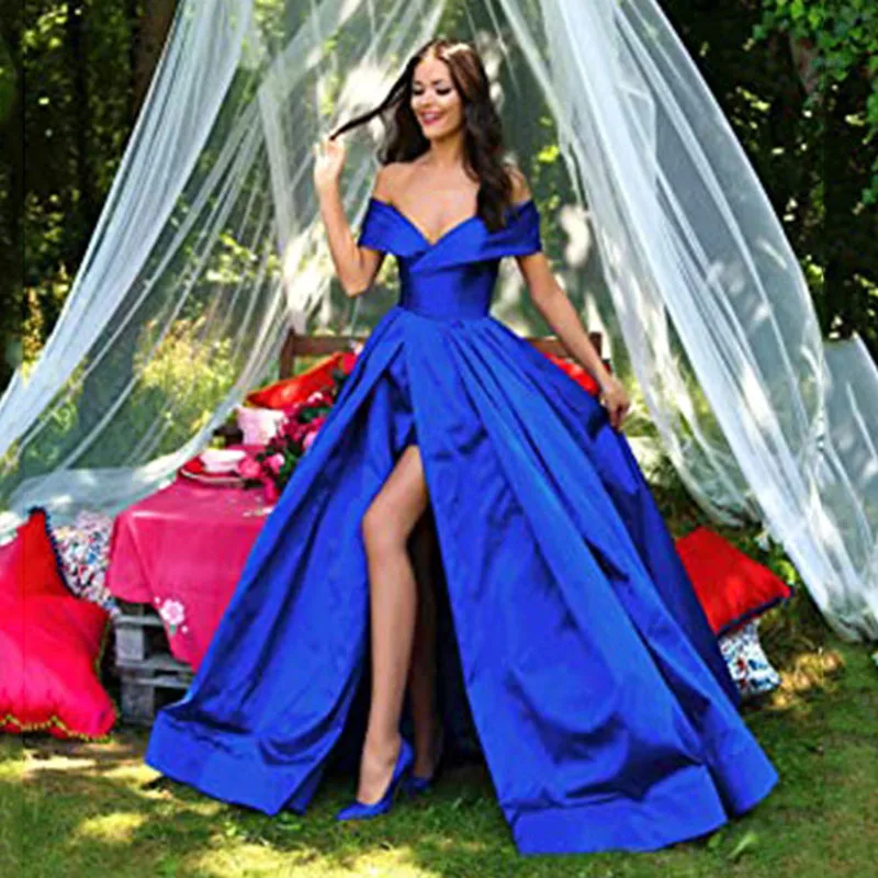 

2021 Simple Satin Prom Dresses V Neck Off The Shoulder Sexy High Split Formal Evening Dress Pockets Party Gown