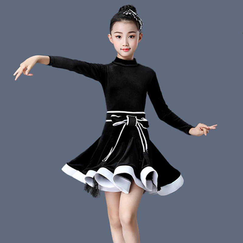 

2020 New Latin Dance Costumes For Girls Long Sleeve Velvet Practice Clothing Ballroom Dance Competition Dress Tango Dancewear