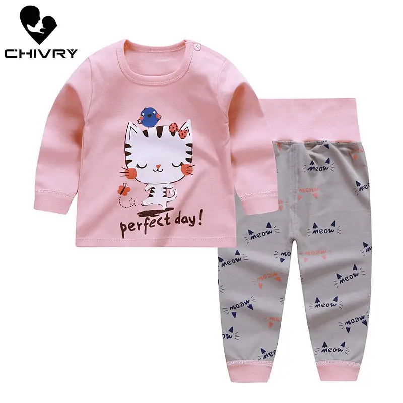 Newborn Kids Boys Girls Pajama Sets Cartoon Print Long Sleeve Cute T-Shirt Tops with Pants Toddler Baby Autumn Sleeping Clothes | Детская