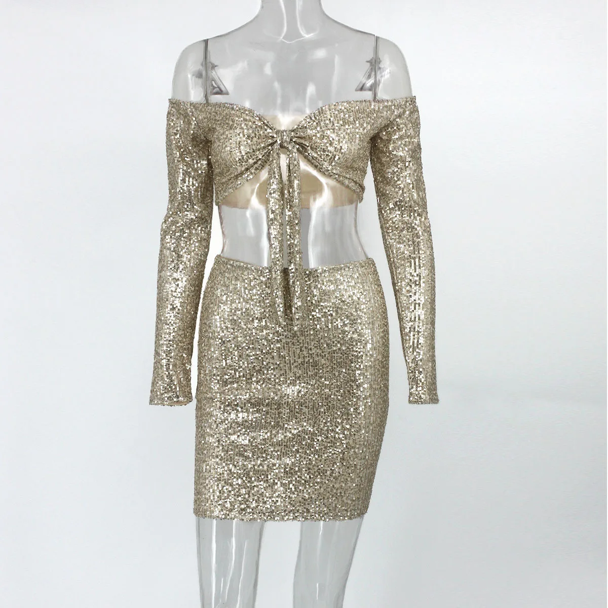 Женское облегающее платье с блестками EvaQueen вечернее мини бантом и открытыми