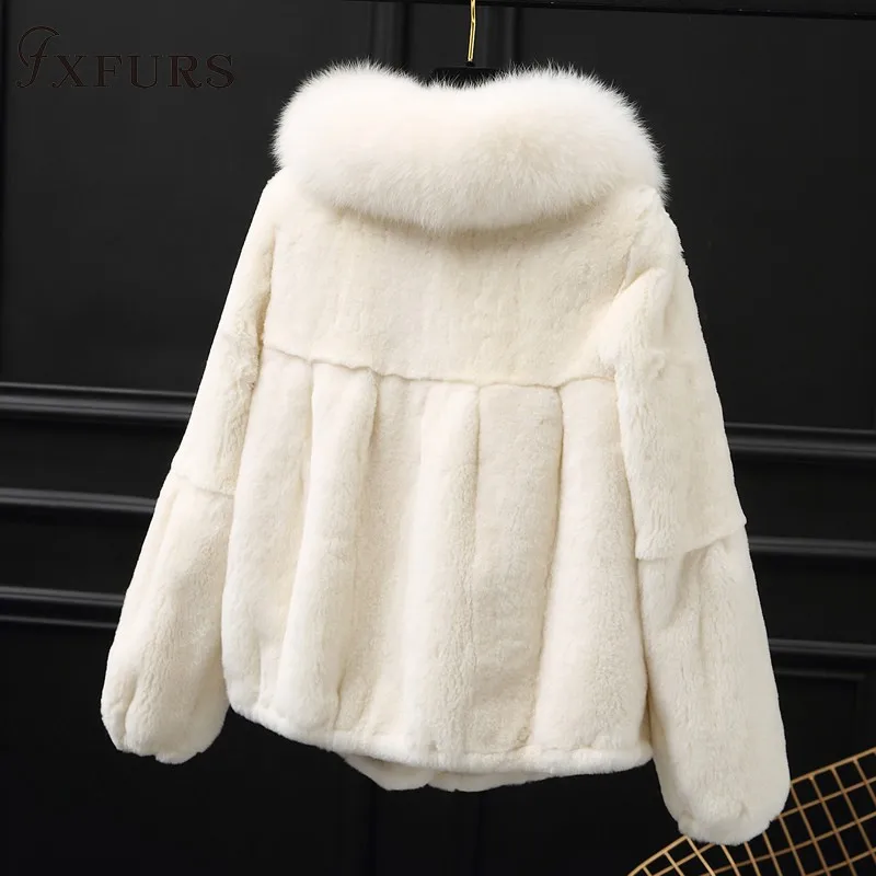 2020 Women Real Rex Rabbit Fur Jackets with Fox Fur Collar 100% Genuine Fur Coat Winter Warm Outwear Causal Short Fur Overcoat