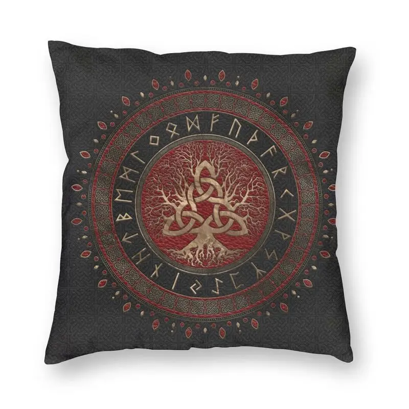 

Tree Of Life With Black Red Leather And Gold Pillow Case Living Room Decor Modern Viking Norse Chair Cushion Square Pillowcase