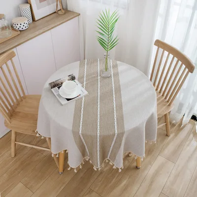 

Decorative Round Cotton Tablecloth with Lace 150cm Striped Tablecloth INS Japanese Style Dining Table Cover Mantel Mesa Nappe