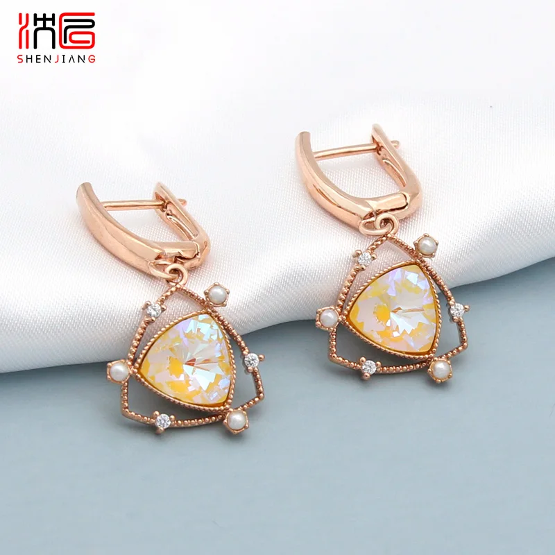 

SHENJIANG New Classic Triangle Crystal Dangle Earrings For Women Party Fashion Jewelry 585 Rose Gold Cubic Zirconia Eardrop