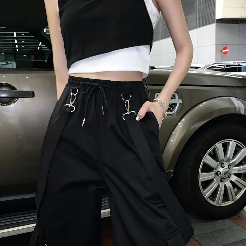 

Jumpsuits Women Harajuku Street-wear Hip-pop Overalls Chic Loose Straight High Elastic Waist Cargo Bundle Leisure Large-size 4XL