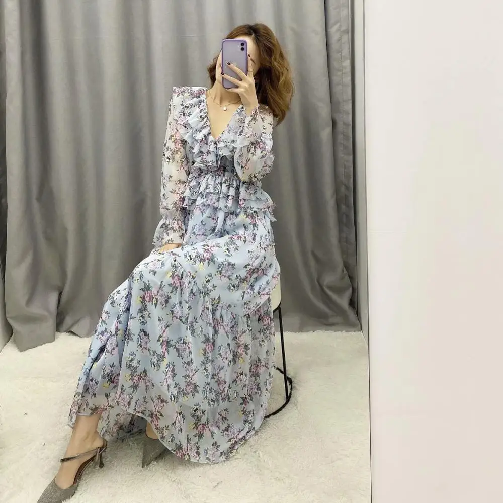 ZA NEW summer spring women chiffon colourful printed ruffle long sleeve V-Neck mid-calf dress female fashion clothes | Женская одежда