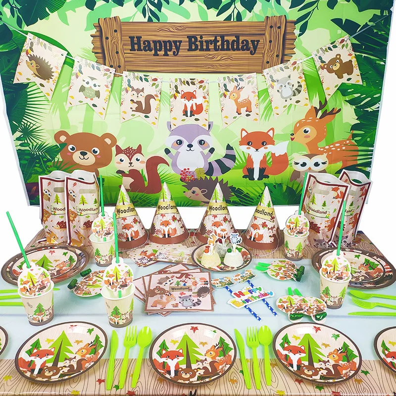 

Forest Animal Series WOODLAND Zoo Forest Fox Lion Elephant Small Animal Birthday Party Disposable Cake Decoration Party Supplies