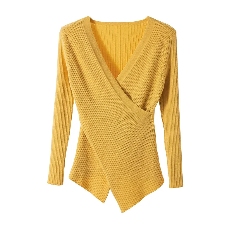 

Asymmetrical Knitted Women Sweater And Pullovers Long-Sleeved V-Neck Solid Slim Elastic Lady Elegant Pulls Outwear Tops