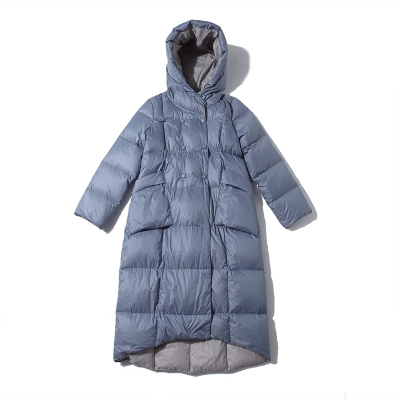 Women's Loose Down Jacket Hooded Double-Breasted White Duck Down Ultra Long Warm Puffer Jacket Down Parka Female Outerwear