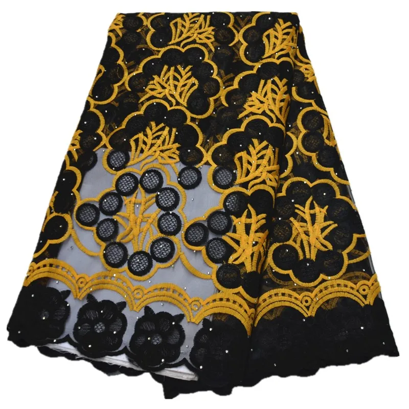 african lace fabric high quality 2021 with stones nigerian milk silk material black and yellow 5yards | Дом и сад