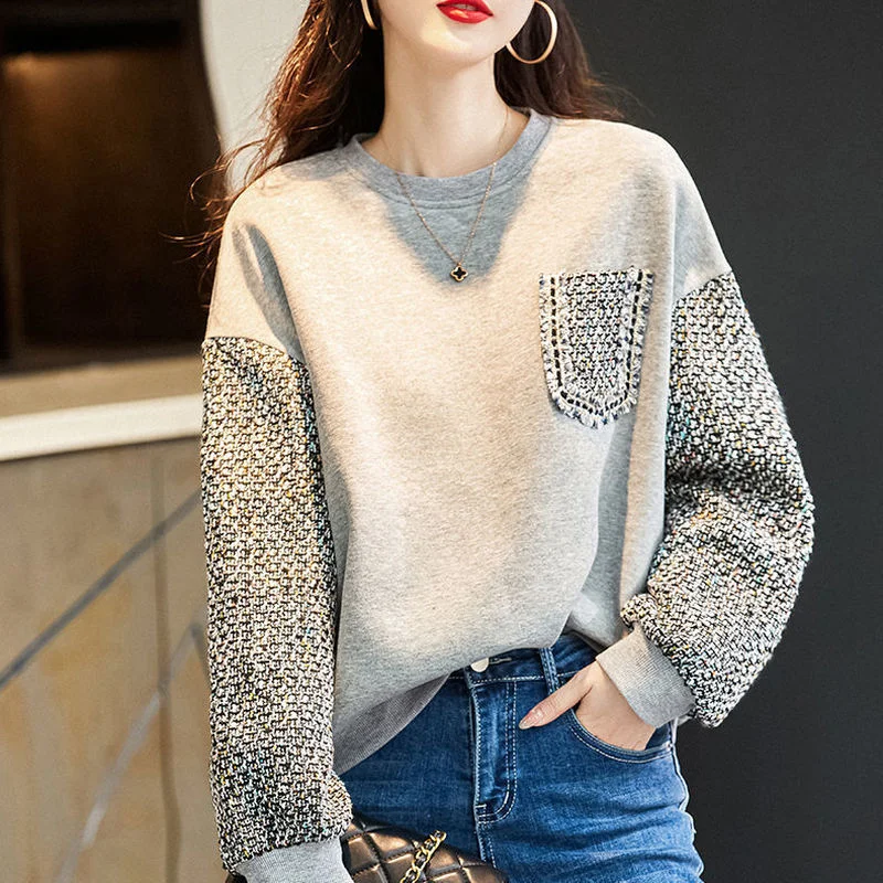 

New Grey Hoodie Women Parchwork Pocket Full Rib Sleeve Spring Fall Casual Teens O-neck Sweatshirt Pullover Drop Shoulder Jersey