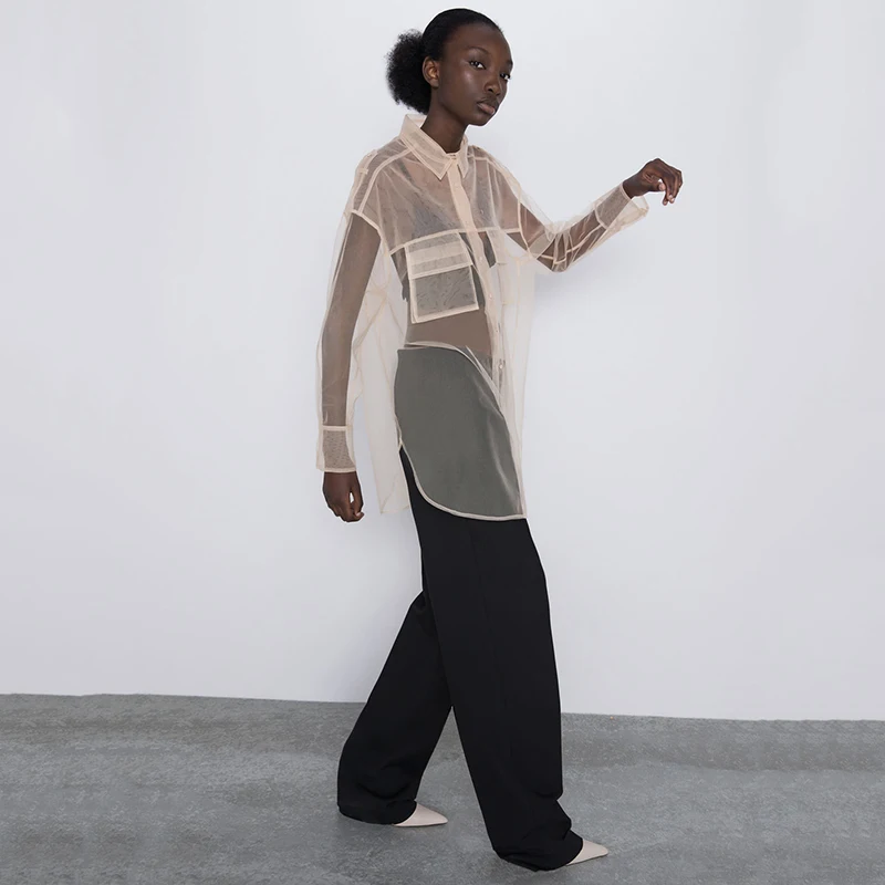 Новинка весна-осень 2020 женская модная прозрачная длинная рубашка ZA с длинными