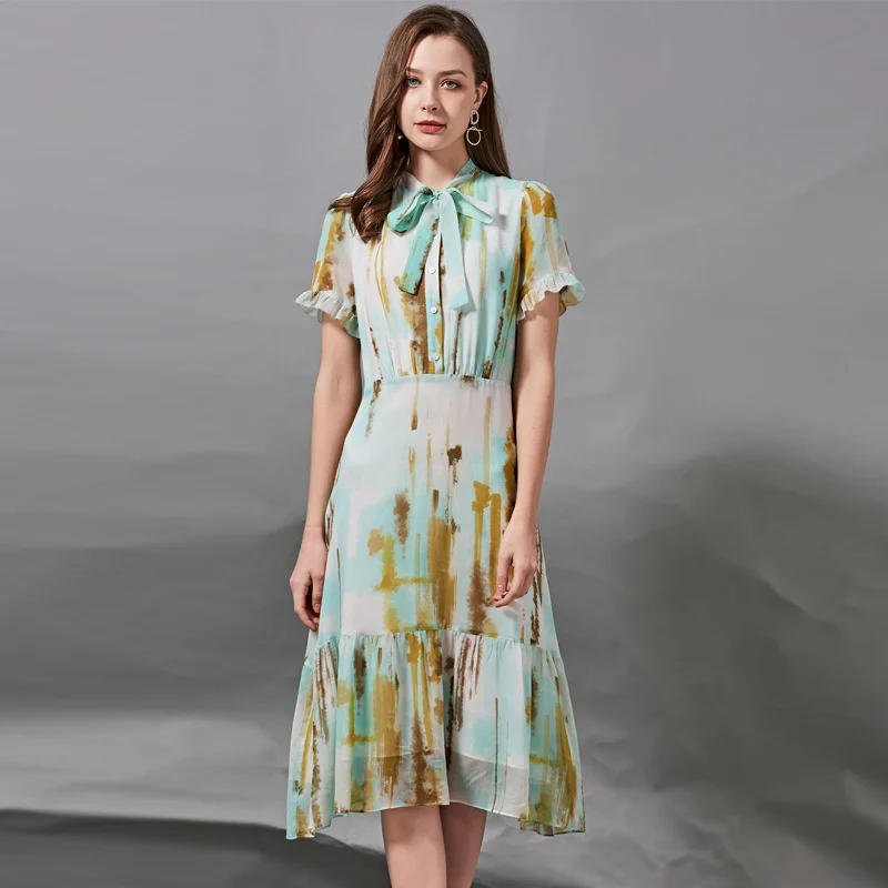 

Silk Women Dress 100% Real Silk Crepe Bow Collar Long Dresses For Women Heavy Silk 2021 Spring New Office Lady Dress