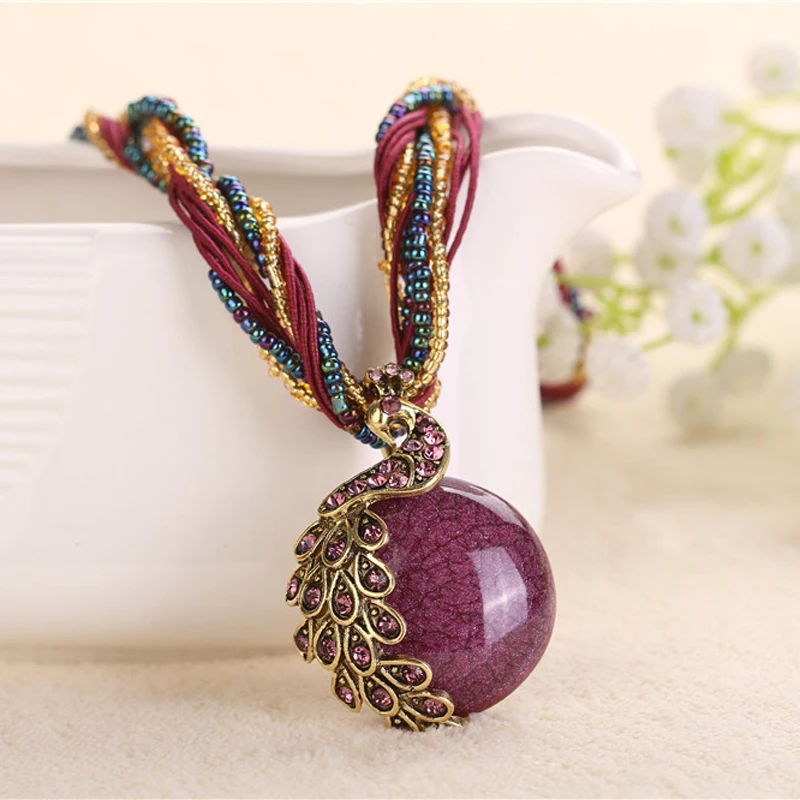 

ELIfashion Retro Bohemia Style Necklace Multilayer Beads Chain Crystal Peacock Abstract Design Resin Pendant Necklace