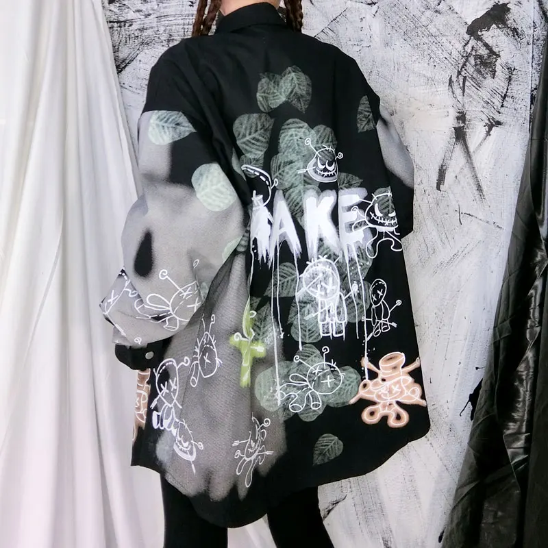 2020 Spring New Female Korean Blouse Women Hip-hop Loose Wild Printing Pattern Hedging Graffiti Shirt Long Sleeve | Женская одежда
